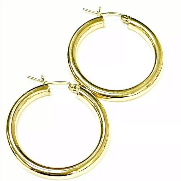 Shiny! Solid 10k Yellow Gold 1.25” 4mm Thick Tube Hoop Earrings - Picture 3 of 4